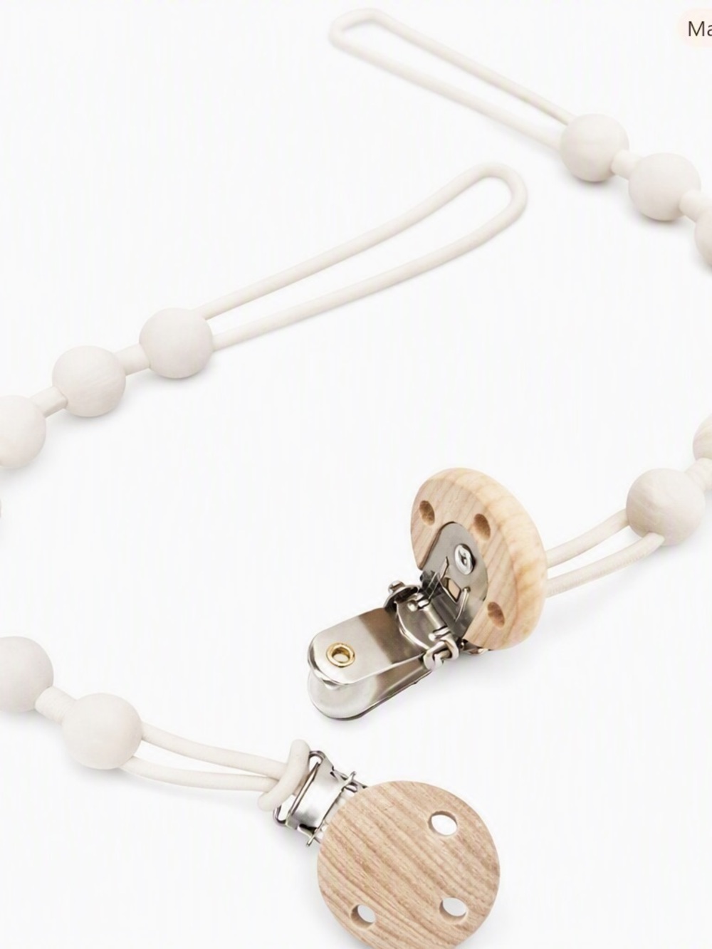 10/$15 Neutral Cream Silicone Baby Pacifier Clip with Wooden Clip Accent